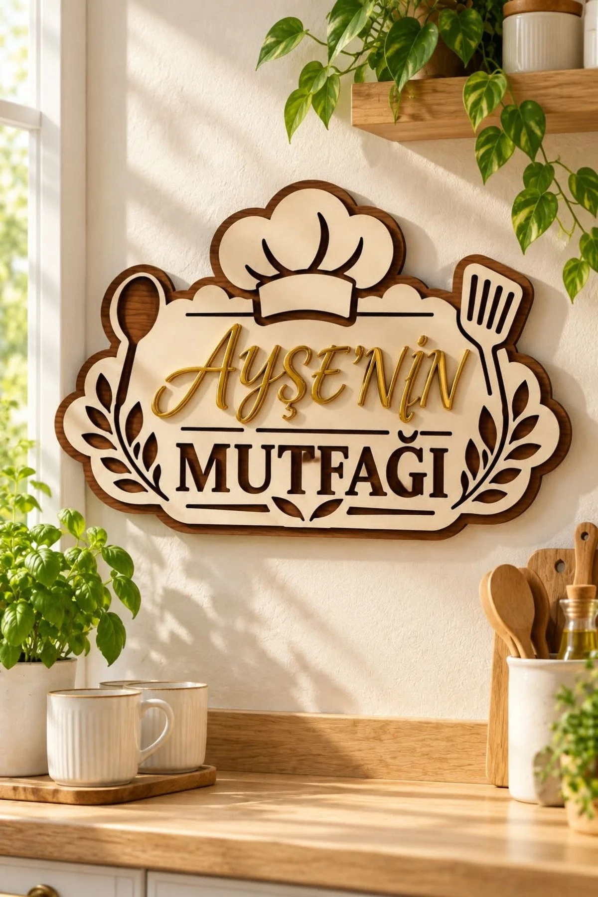 Kişiye Özel İsimli Mutfak Tabelası Gold Pleksi Ceviz Krem Mdf Duvar Süsü