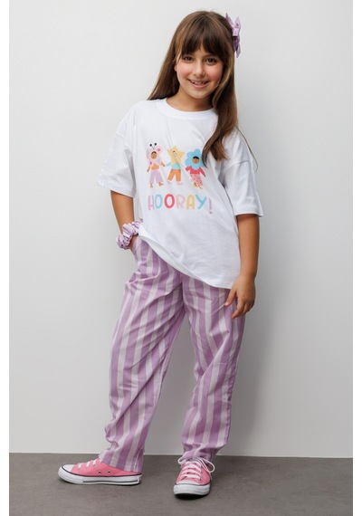 Le Mabelle Lila Hooray Baskılı Çizgi Desenli Çocuk Tişört Pantolon Takım - Edna Lila