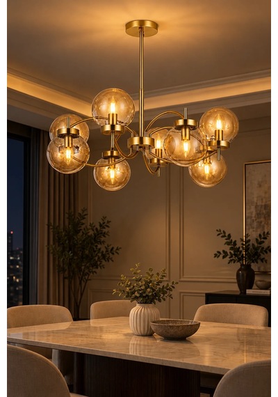 Modern Premium Avize Gold Gövdeli Amber Camlı 8'li Lüks Sarkıt Salon Avizesi 8xe14