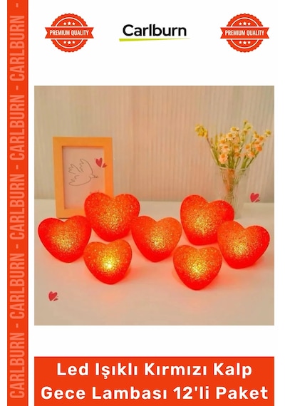 Özel Üretim Dekoratif Pilli Romantik 8cm Modeli Led Işıklı Kırmızı Kalp Gece Lambası 12'li Paket