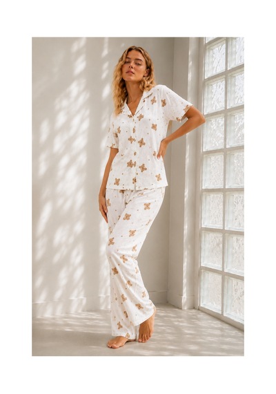 Fit Women Kadın Genç Loose İpliği Boyalı Kırık Beyaz Pijama Takımı