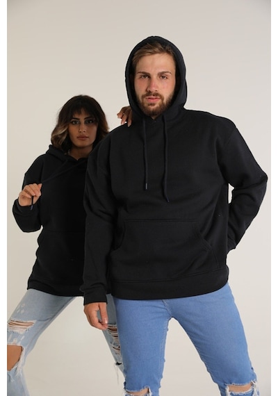 Bav Butik Ayvitrin Sevgili Kombini Çift Oversize Kapşonlu Üç Iplik Sweatshirt Siyah