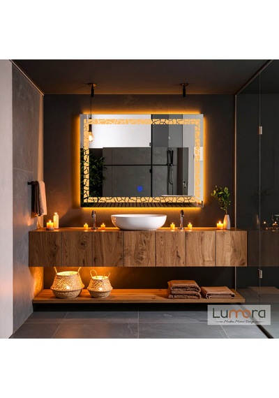 Gleamira Amber Led'li Lazer Kumlamalı Lavabo & Banyo Aynası Dokunmatik Sensörlü 65 X 90 Cm Turuncu