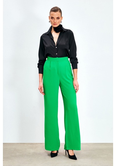 Sateen Pileli Krep Pantolon - Yeşil