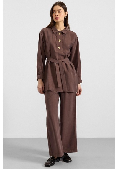 Olcay Metal Düğmeli Soft Kumaş Tunik Pantolon İkili Takım Kahve 9397-tk