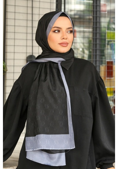 Premium Lux Original Monogram Şal İpek Vual, Yüksek Kalite, Hafif, Rahat, Şık, Tesettür, Shawl Siyah - Gri