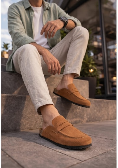 Jy0456 Rayn Bağcıksız Hakiki Süet Deri Erkek Günlük Mantar Taban Loafer Klasik Ayakkabı Hdmt - Taba