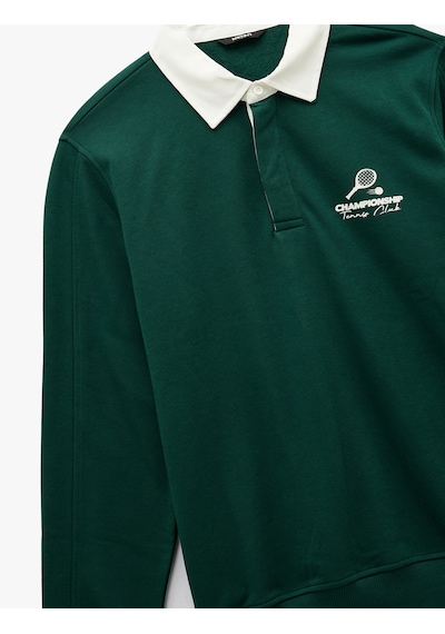 Koton Regular Fit Şardonlu Renk Kontrastlı Çizgili Polo Yaka Baskılı Sweatshirt Yeşil 6wam70163mk