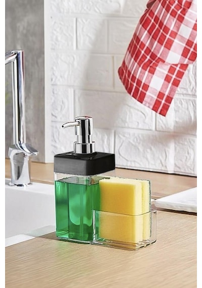 Siyah Renkli Sıvı Sabunluk Süngerlik Hazneli 450 Ml