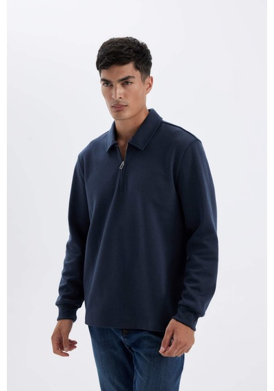 DeFacto Regular Fit Polo Yaka Yarım Fermuarlı Basic Düz Sweatshirt D2279AX24AUNV125 Lacivert