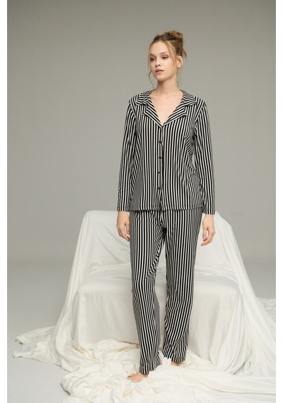 Siyah İnci Gömlek Yaka Düğmeli Milan Örme Pijama Takım25224032 Siyah