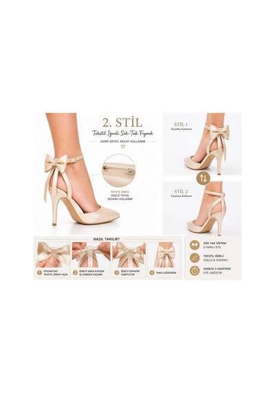 Craft Moda Kadın Arkası Açık Fiyonklu Stiletto Çıkarılabilir Fiyonk Detaylı İnce Topuklu Abiye Ayakkabı Bej