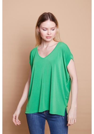 Jument Likralı Krep Kumaş V Yaka Salaş Yanı Yırtmaçlı Oversize Bluz-b.yeşil B.yeşili