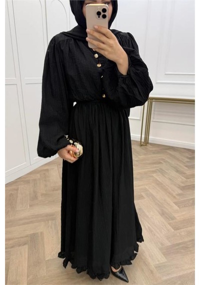 Neşeli Butik Kadın Siyah Eteği Fırfırlı Düğme Detaylı Pamuklu Salaş Tesettür Elbise Nms086 Neşeli Butik Kadın Siyah Eteği Fırfırlı Düğme Detaylı Pamuklu Salaş Tesettür Elbise Nms086