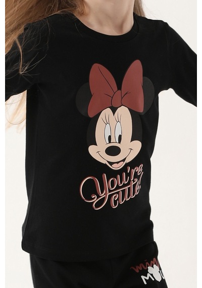 Minnie Mouse Siyah Kız Çocuk Uzun Kol Pijama Takım Siyah