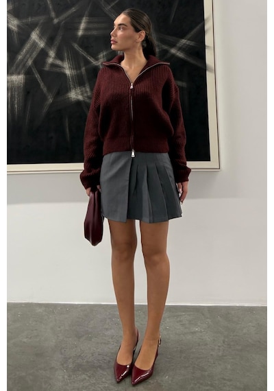 Madmext Bordo Çift Fermuarlı Kadın Triko Hırka Mg2532 Bordo