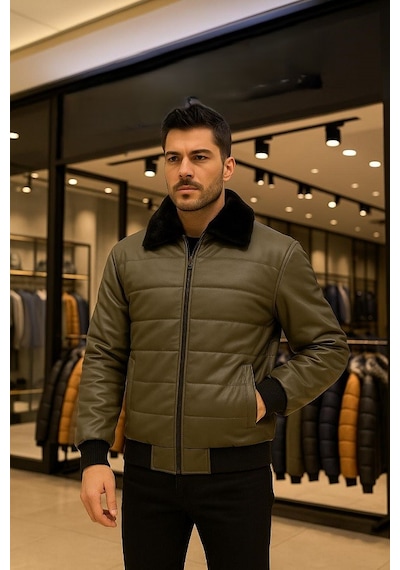 Zagmen Erkek Kürk Yaka Şişme Deri Mont Haki