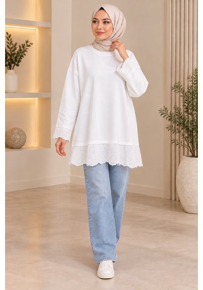 Aymiraa Kadın Dantel Detaylı Uzun Tunik Tesettür Sweatshirt Bisiklet Yaka Rahat Kesim Beyaz