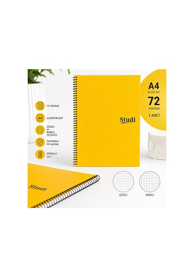 Sarı A4 Spiralli Defter 72 Yaprak Pp Kapak Çizgili Veya Kareli Okul Ders Defteri