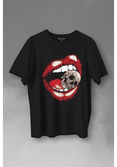 Skull Kuru Kafa Wampir Dudak Kadın Dudağı Baskılı Tişört Unisex T-shirt 001