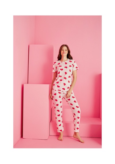 Rindahomewear Kadın Kalp Desenlı Viskon Baskılı Kısa Kol Pijama Takımı Ekru