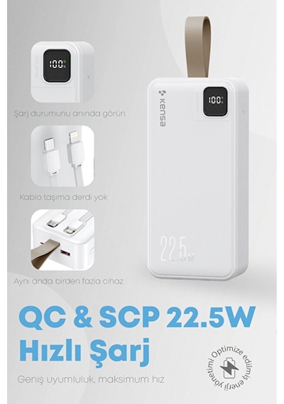 Taşınabilir 30.000 Mah Powerbank 22.5w Pd Hızlı Şarj, Led Gösterge, Android & Apple Uyumlu iOS Beyaz