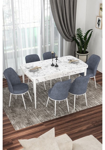 Canisa Concept Kor Serisi 70x114 Açılabilir Mutfak Masası Takımı Beyaz Mermer Desen Masa 6 Füme Sandalye Masa Beyaz Mermer Desen Sandalyeler Füme