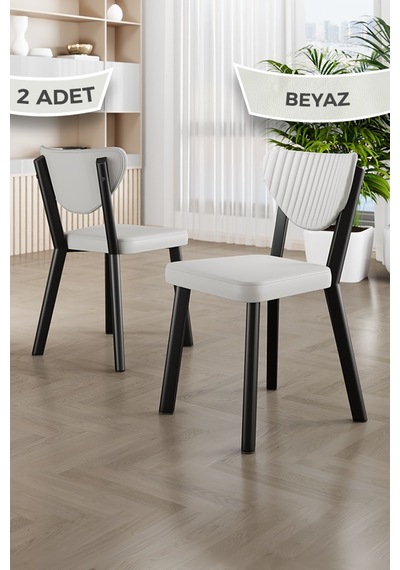 Fubi Serisi 2 Adet Taba Deri Mutfak,cafe, Restaurant Sandalyesi Siyah Metal İskeletli Beyaz Sandalye Siyah İskelet