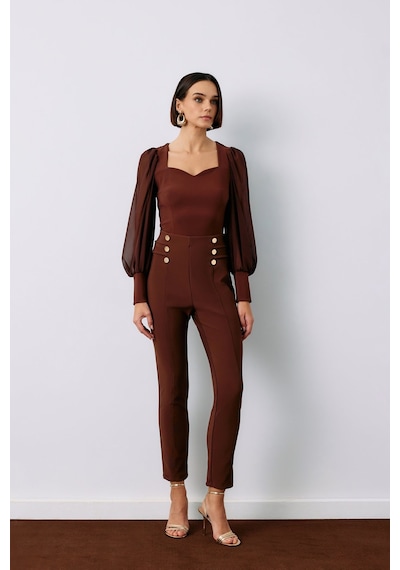 Sateen Düğme Detaylı Pantolon - Kahve-133793 Kahverengi