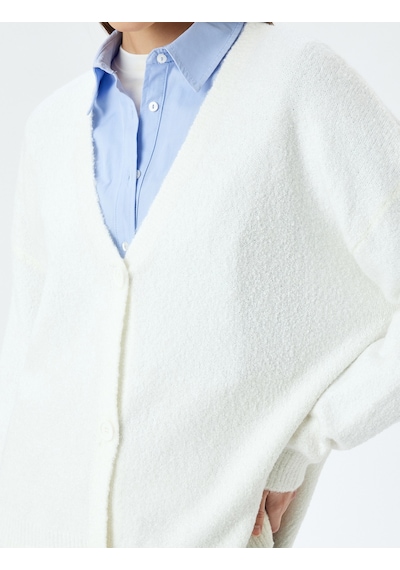 Koton V Yaka Düğmeli Uzun Kollu Triko Hırka Ekru 5wal90015ıt Ekru