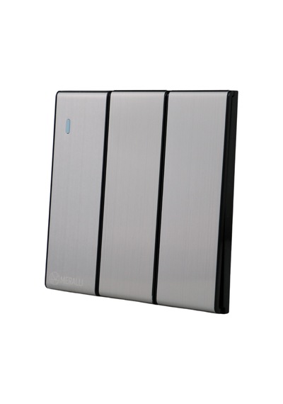 MERALLI INOX 3'lü vavien anahtar, hakiki fırçalanmış paslanmaz çelik, çerçevesiz 86×86 Modüler  kasa dahil