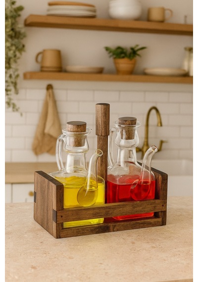 Ahşap Standlı Borosilikat Cam Zeytinyağı & Sirkelik Yağlık Seti 200 Ml Kahverengi