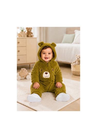 Tatlı Ayıcık Nakışlı Welsoft Peluş Kapüşonlu Fermuarlı Kışlık Unisex Bebek Tulumu Haki