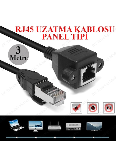 BK Teknoloji Panel Montaj RJ45 Erkek RJ45 Dişi Uzatma Lan Kablosu 3 M