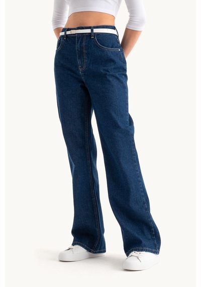 Hiccup Yüksek Bel Geniş Paçalı Kot Pantolon Koyu Mavi Denim