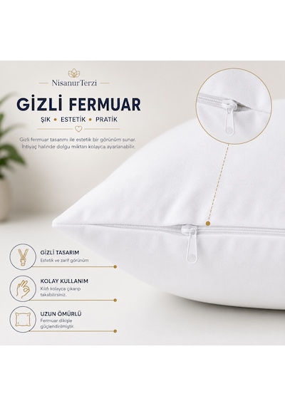 Nisanur-home %100 Pamuk Kumaş Boncuk Silikon Elyaf Dolgulu Gizli Fermuarlı İç Yastık 43 x 43