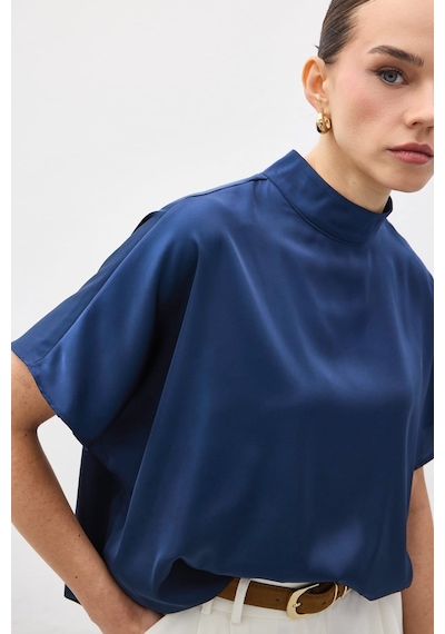 Sateen Yarasa Kol Salaş Bluz - İndigo-137383