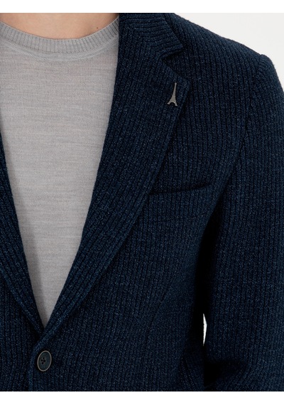 Cacharel Lacivert Slim Fit Yün Karışımlı Flanel Ceket