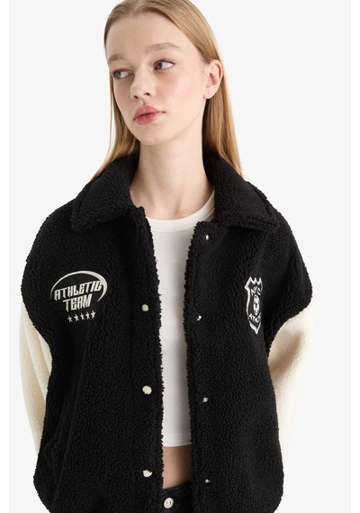 Defacto Coool Oversize Geniş Kalıp Polo Yaka Pelüş Bomber Ceket E9837ax25wnbk81 Siyah