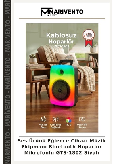 Ses Ürünü Eğlence Cihazı Müzik Ekipmanı Bluetooth Hoparlör Mikrofonlu Gts-1802 Siyah