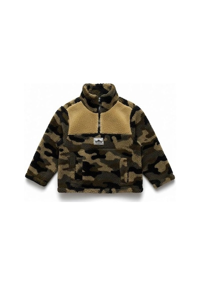 Zekids Erkek Çocuk Kamuflaj Desen Yarım Fermuarlı Polar Sweatshirt-16421 Haki
