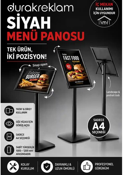 Siyah Menü Panosu A4 Çift Yönlü Yatay Dikey Kullanım,