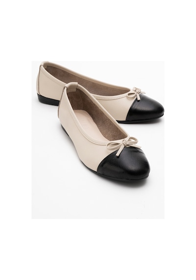 Luvishoes Luvi Shoes Jens Bej-siyah Cilt Hakiki Deri Fiyonklu Kadın Babet Ayakkabı Bej - Siyah