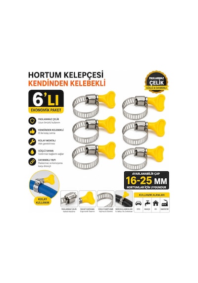 Hortum Kelepçesi 6'lı Plastik Kelebek Bağlantılı Paslanmaz Çelik Metal Hortum Kelepçesi 16-25 Mm Ayarlanabilir El Sıkm 1