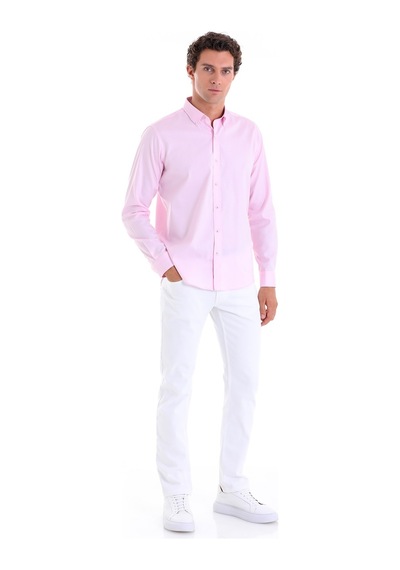 Hatemoğlu Pembe Comfort Fit Düz 100% Pamuk Düğmeli Yaka Uzun Kollu Casual G Pembe