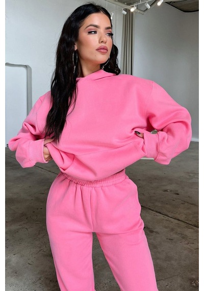 Basic Düz Eşofman Takımı Sweatshirt Jogger - Pembe Oversize Şardonlu Kapüşonlu Pembe