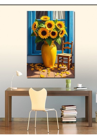 Kanvas Tablo Mavi Vazoda Günebakan Çiçekler 50cmx70cm