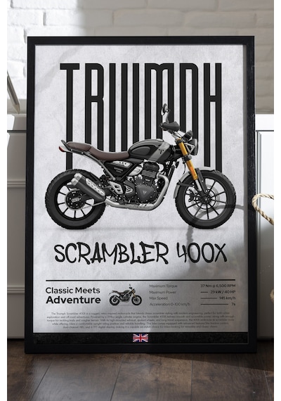 Triumph Scrambler 400 Siyah Ahşap Çerçeveli Dekoratif Motosiklet Duvar Tablosu