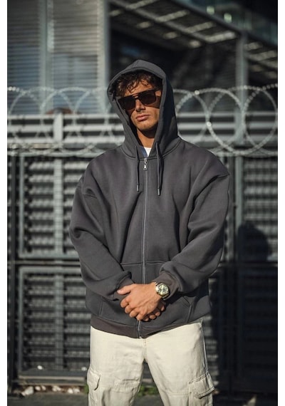 Erkek Tam Fermuarlı Cepli Kapüşonlu 3 İplik Pamuklu Hoodie Sweatshirt - Füme