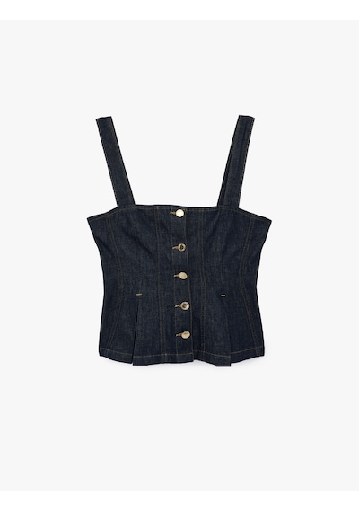 Koton Kare Yaka Kolsuz Pileli Düğme Detaylı Denim Bluz Koyu İndigo 6sal30013md Dark Indigo